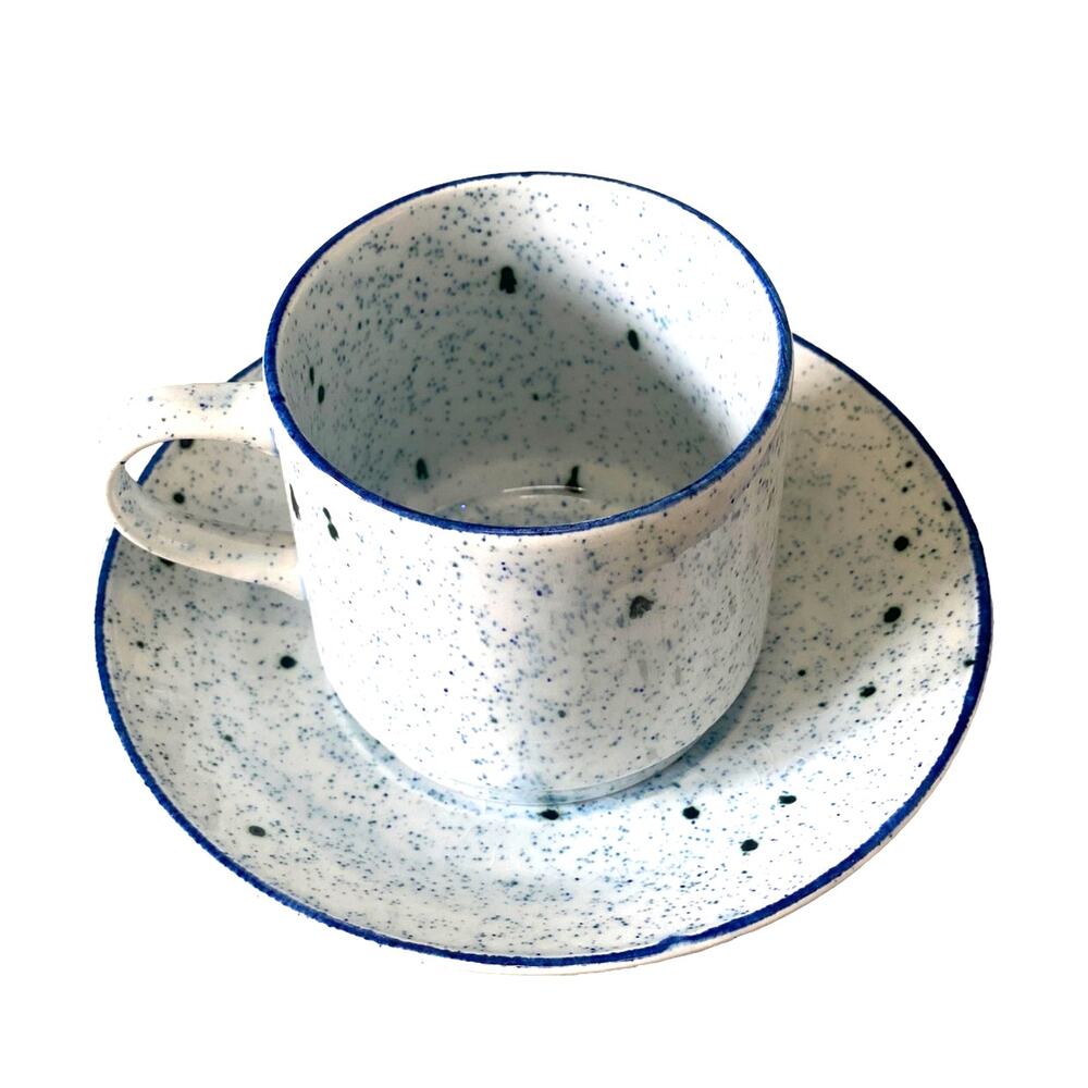 4 Vintage 70s Stackable Cup + Saucer Johnson Brothers Patio Blue ironstone set